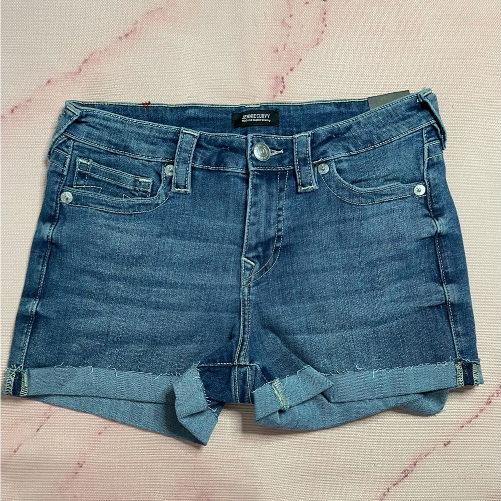 🖤NWT TRUE RELIGION JENNIE CURVY MID RISE SUPER SKINNY RAW ROLLED HEM SHORTS